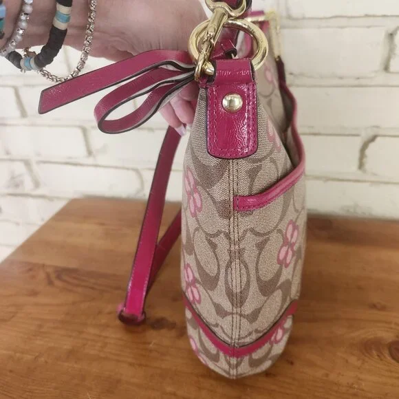 Coach Peyton Signature Khaki & Pink Crossbody Bag Purse Large - Picture 5 of 11